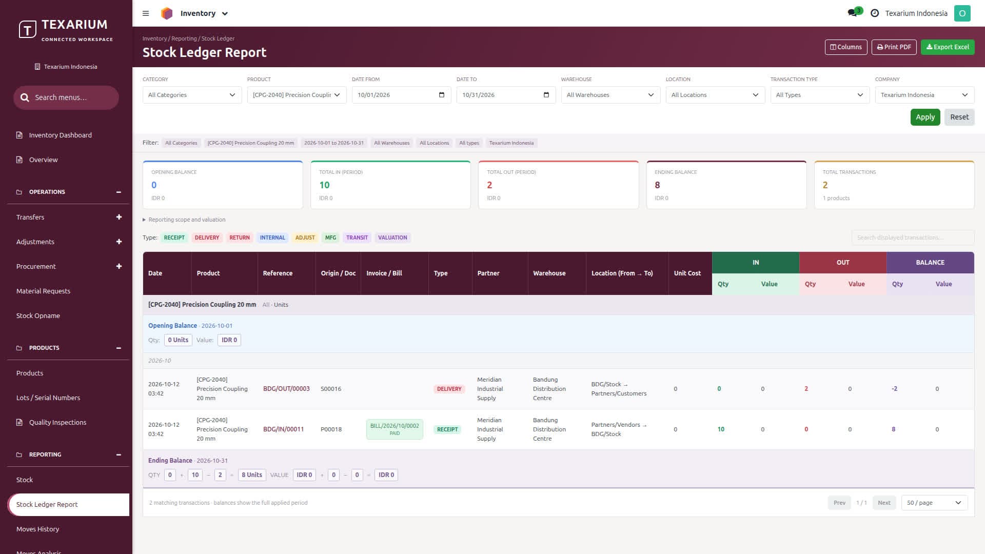 Texarium · Stock Ledger Report application preview